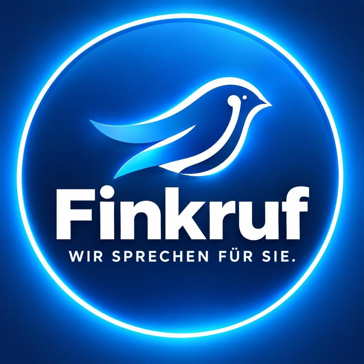 Finkruf-Logo mit blau leuchtendem Kreis, Vogel und dem Schriftzug Wir sprechen für Sie